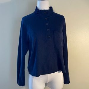 Everlane Navy Blue Half Button High Neck Recycled Cashmere Blend Sweater
